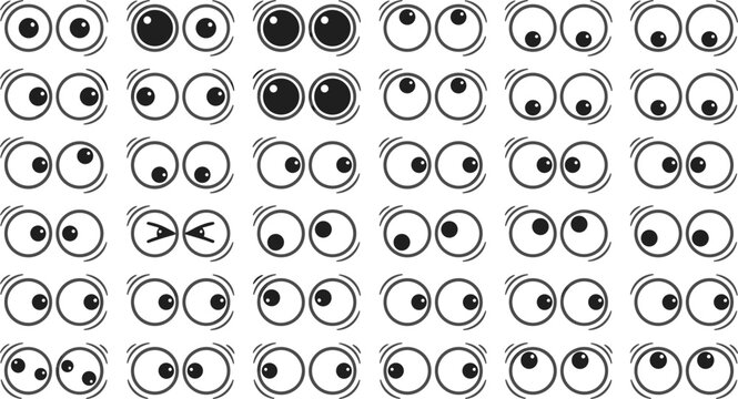 Cartoon googly eyes expressions bundle featuring funny comic expressions look directions pupils staring and character design vector elements