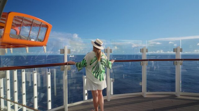Stylish woman in tropical palm leaf print coverup and straw hat leans against wooden railing with glass panels on modern cruise ship deck, admiring vast ocean horizon under bright blue skies.