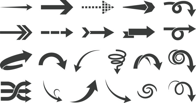Dynamic directional arrows glyph icon set featuring curly loops dashed lines straight pointers shuffle paths and curve navigation vector elements