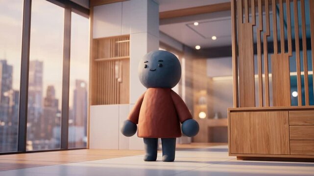 建築デザインスタジオで落ち込んだクレイマスコットが自信を取り戻す3Dアニメーション