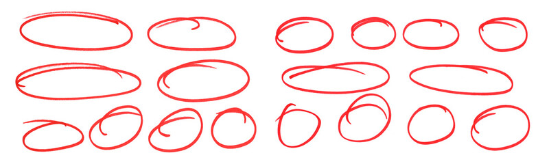 Hand drawn red circle highlight set, marker pen oval scribble collection © Uuganbayar