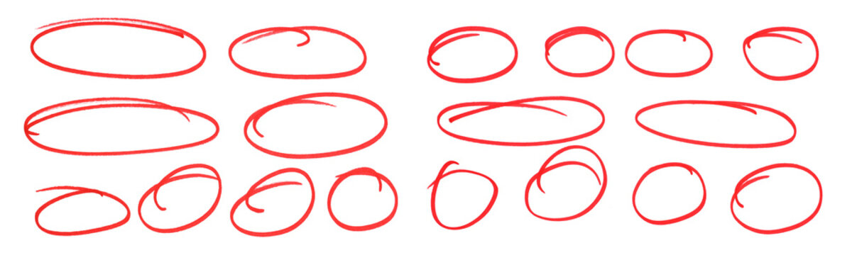 Hand drawn red circle highlight set, marker pen oval scribble collection
