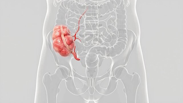 3D Realistic Medical Illustration of Human Appendix and Cecal Vessels Anatomy on Transparent Body