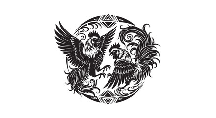 Rooster Tribal Logo with Two Fighting Birds for Mascot Branding © creations sanddollar