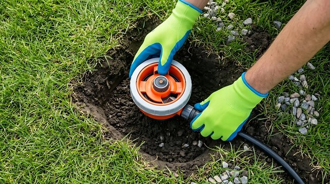 Gardener installing underground irrigation pop-up sprinkler head system in lawn ground