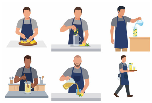 Step by step process of a man making fresh homemade lemonade vector illustration set