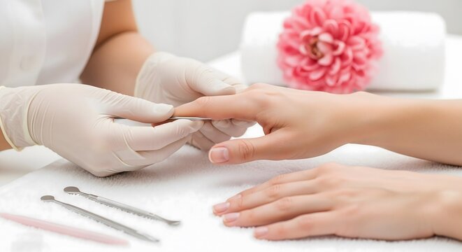 Professional manicurist pushing cuticles on female client hands in spa salon treatment