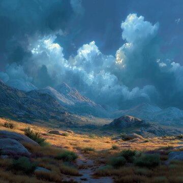 Cinematic mountain valley under a dramatic storm-cloud sky, sunlit golden grasses in the foreground, rugged rocky peaks, and a winding path, rendered with ultra-detailed HDR realism; textured surface