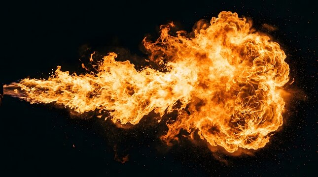 Bright orange fire flame burst exploding with sparks isolated on a dark background for dramatic visual effects design