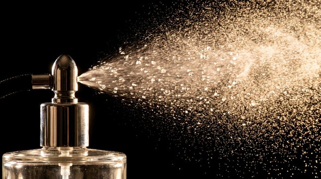 Perfume spray misting from a glass bottle isolated on black background