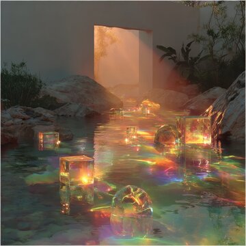 Dreamlike surreal landscape with rainbow light refracting through floating glass cubes and spheres atop luminous, reflective water, framed by rocky shores, luminous mist, and a glowing doorway openin