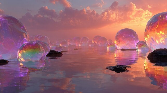 Dream-weave Rainbow light and refracted light across a surreal landscape with ethereal lighting, tranquil reflective water, luminous mist, floating iridescent orbs, and impossible geometry under a wa