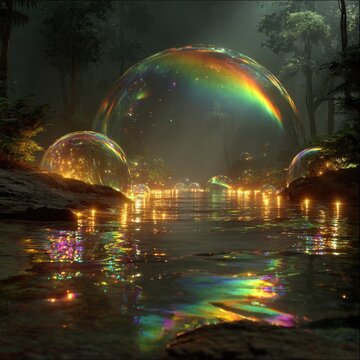 Dreamwoven Rainbow Light Over Surreal Forest Landscape with Reflective Water, Floating Bubbles and Luminous Orbs, Ethereal Mist, Cinematic Lighting, High Detail