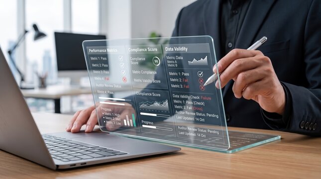 Businessman analyzing performance metrics on transparent hologram dashboard, compliance score and data validity check, future technology interface, corporate executive reviewing