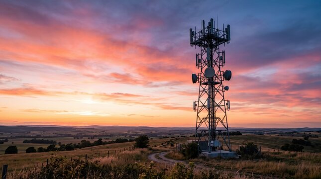 Telecommunication tower standing on hill against dramatic sunset sky, mobile network antenna and signal transmission infrastructure in rural landscape, connectivity concept