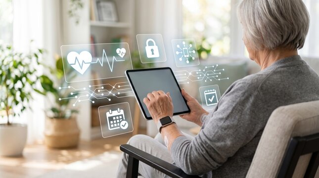 Senior woman using tablet with healthcare icons for telemedicine, medical appointment scheduling and health monitoring at home