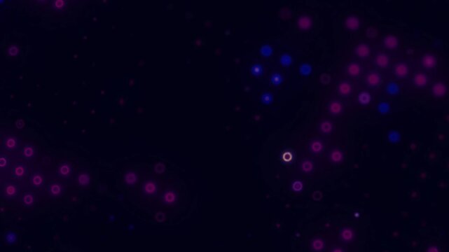 Glowing purple blue dots digital matrix pattern background blurred soft bokeh lights.