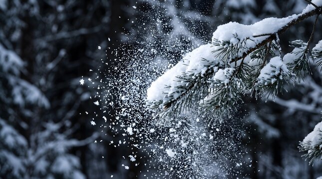 Snow falling and blowing off a pine tree branch in a winter forest