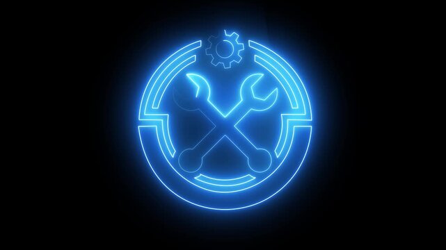 blue neon line settings icon animation. with gear and wrench on black background for web applications and technical concepts 4k video.