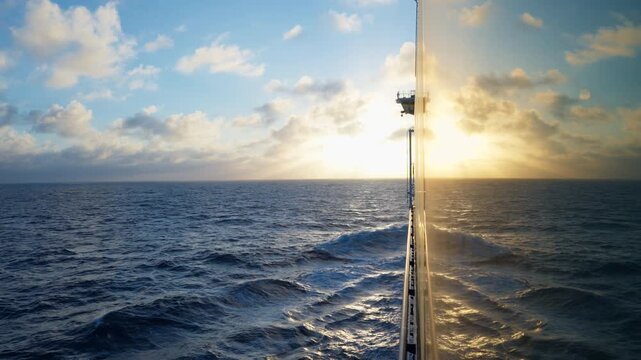 Cruise liner navigates through Caribbean Sea as golden sunset illuminates horizon. Dramatic clouds scatter across sky while ocean waves ripple alongside the ship deck and warm light reflects on water.
