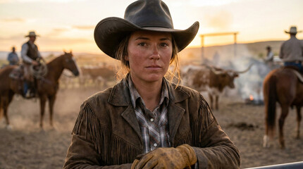 Fototapeta premium Young Frontier Cowgirl at a Cattle Branding Roundup