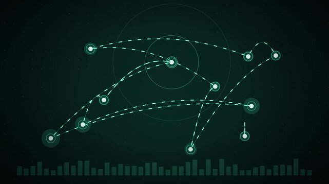 Abstract animated delivery network of routes between hubs drawn as cyan and teal glowing lines and dots on a deep dark background. Clean minimal motion graphics element with free space around it, idea