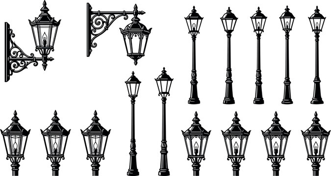 Vintage street lamps and ornate wall sconces vector icon set featuring classic black wrought iron gas lantern posts isolated on white