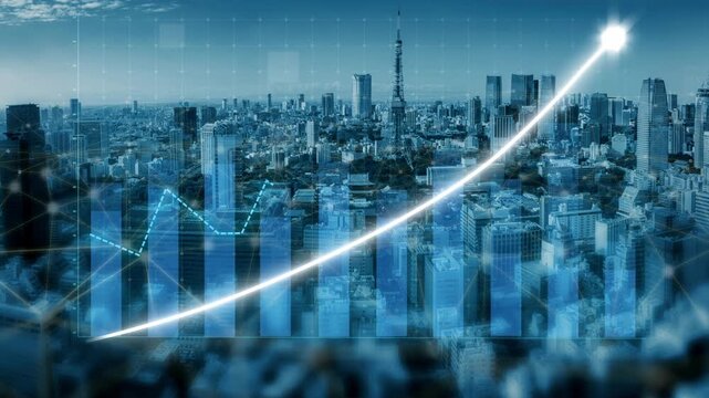 A stunning skyline view highlighting financial growth through modern data visualizations. The graphic illustrates upward trends and investment metrics in a vibrant urban setting. Copula