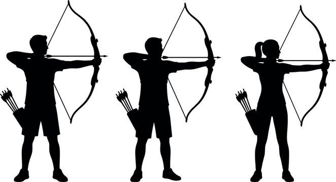 Archery silhouette set vector illustration of male and female archers aiming bow and arrow isolated on white background