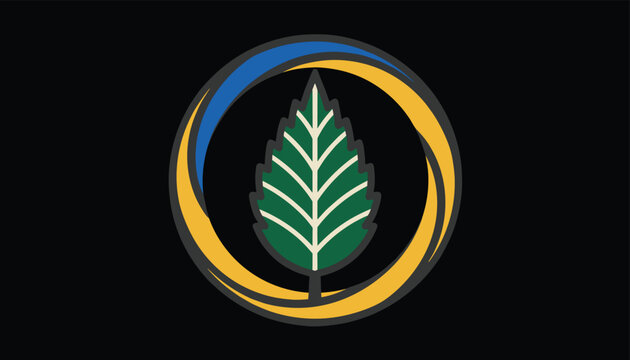 Green mint leaf icon enclosed in a dynamic yellow and blue swirling circle over a dark black background.
