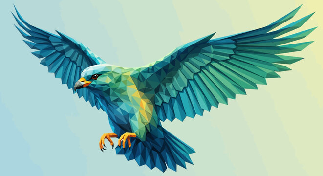 Vibrant Low Poly Geometric Bird of Prey Soaring with Wide Wings Against a Clear Sky - Abstract Wildlife Art