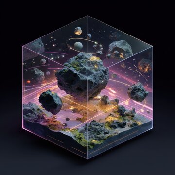 Isometric tableau inside a transparent orbital cube: broken asteroids drift with modular habitats coating rock surfaces like moss; floating walkways and luminous data streams weave through the scene;