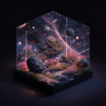 Isometric tableau inside a transparent orbital cube featuring drifting broken asteroids and a moss-like coating of modular rock habitats, with floating walkways and luminous data streams weaving thro
