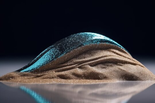 Minimalist glitter sand sculpture on a mirrored plane with a single sweeping curve of turquoise glitter, cool silver-blue palette, hyperreal close-up texture, and sharp reflections.