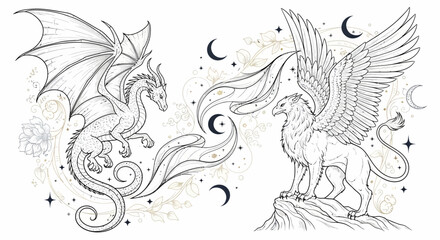 Obraz premium Magical Dragon and Griffin Line Art Illustration. Mythical Fantasy Creatures with Celestial Moons and Stars for Coloring.