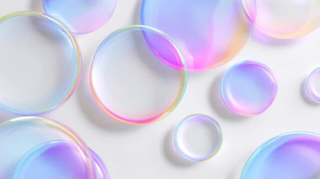 Rainbow soap bubbles on a white background, abstract airy composition