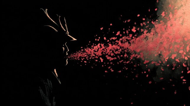 A dramatic silhouetted profile of a shogun mask against a pitch-black void, with cherry blossoms spiraling in a gusting wind and an ethereal glow. Nostalgic Japanese vibe rendered in sumi-e brush str