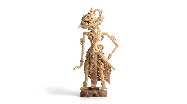 Intricate woven bamboo shadow puppet wayang kulit sculpture isolated on white background