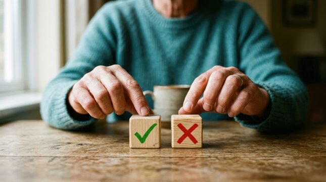A person sitting at a wooden table holding two wooden cubes with a green check mark and a red cross symbol representing a decision process