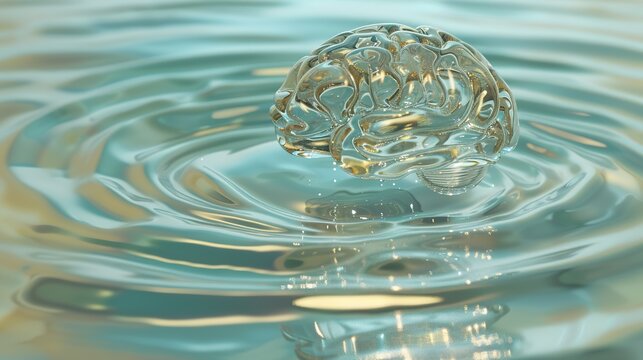 High-end 3D medical visualization mindfulness floating brain liquid glass ripples theta brainwaves