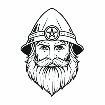 Retro black and white portrait of a bearded dwarf miner wearing a star emblem hat