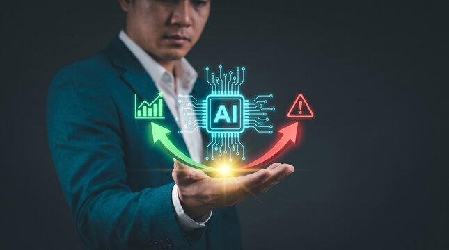 Businessman balancing AI technology risk assessment and business growth opportunity concept