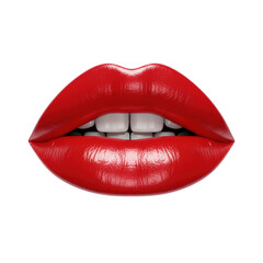 Obraz premium Single human lip, subtly parted, adorned with vibrant, glossy red lipstick, high-shine highlights, revealing transparent teeth against a stark white studio background, conveying quiet allure