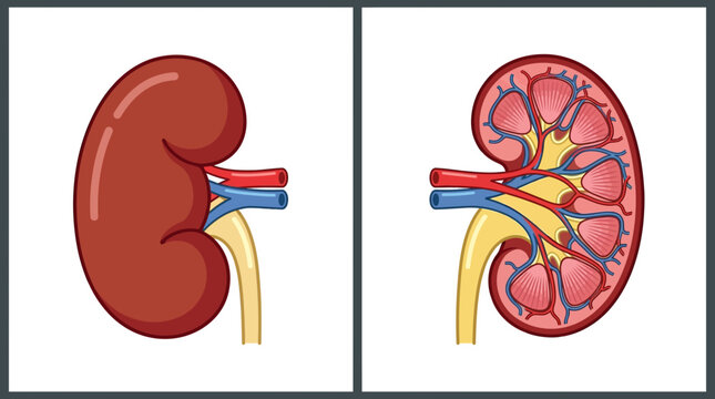 Human kidney anatomy vector illustration showing internal and external structures