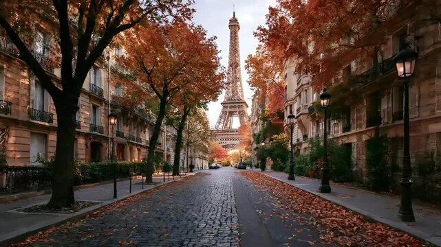 Paris, France, Europe. A vivid portrayal of a Parisian street during autumn. The main subject is the Eiffel Tower, the iconic landmark in Paris, France.