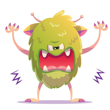 Funny angry green monster baring sharp teeth in a fierce snarl, expressing strong emotion. Cartoon vector illustration of an emotional creature showing anger, perfect for Halloween designs, childrens