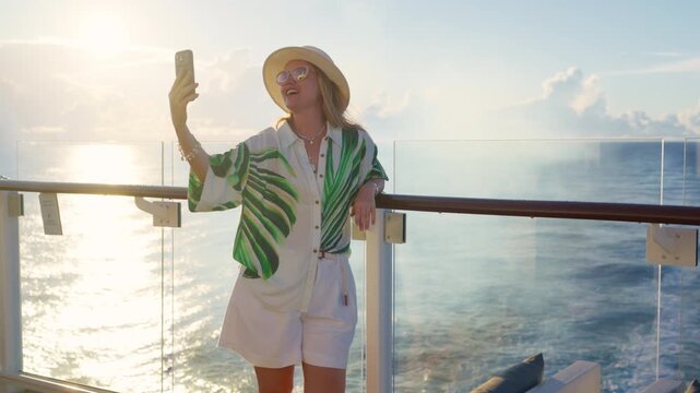 Stylish woman wearing straw hat and green tropical print blouse takes selfies on luxury cruise ship deck at golden hour with sparkling ocean waters and soft clouds in background.