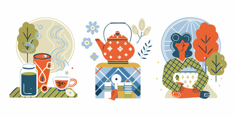 Fototapeta premium Tea Ceremony Scene Illustrations Flat Vector Style With Geometric Elements