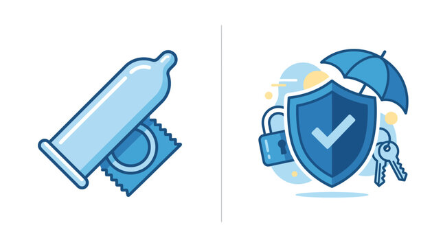 Safe sex protection concept with condom shield and security icons
