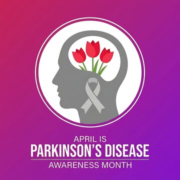 Parkinson's Disease Awareness Month poster with brain and red tulip. Medical health campaign design for April advocacy and support.